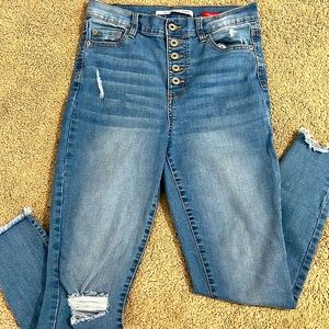 Skinny Distressed Button Fly Skinny Jeans